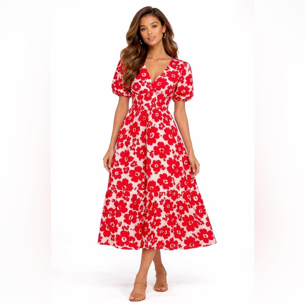 Zara Red White Floral Poplin Midi Dress Blogger Favorite Cottagecore Size Small